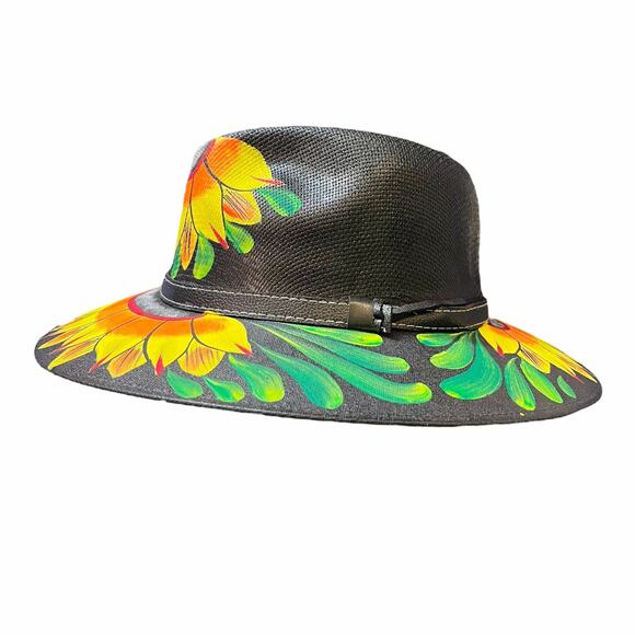 HAT MEXICAN Artisanal Hand Painted Fedora Sunflower Sombrero Panama Bohon Black main image 7